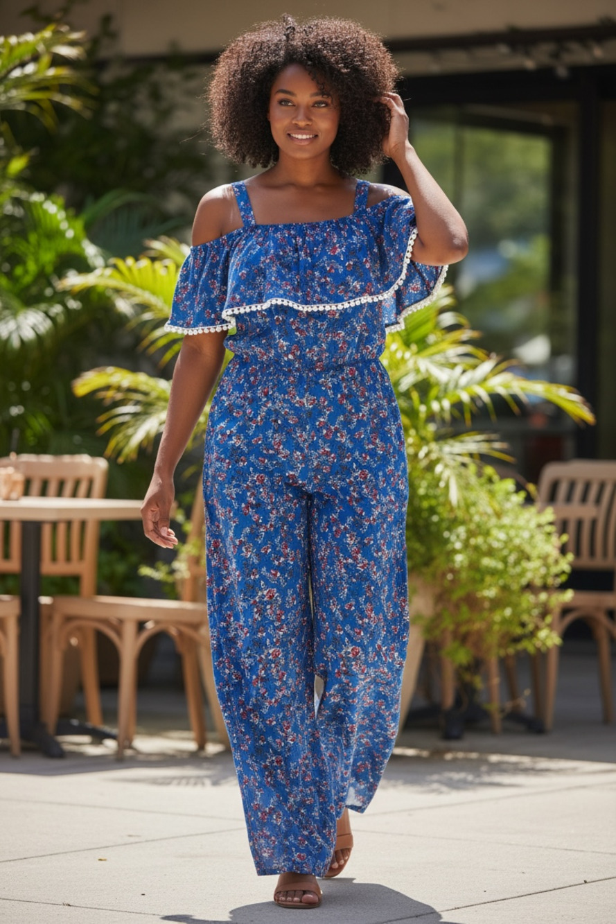 Takara Blue Floral Cold Shoulder Pom-Pom Trim Jumpsuit Size XL